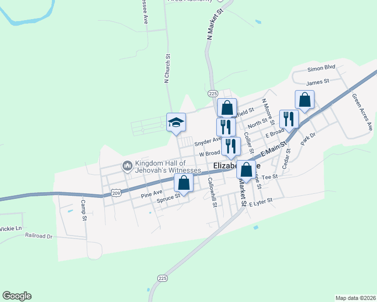 map of restaurants, bars, coffee shops, grocery stores, and more near 148 West Broad Street in Elizabethville