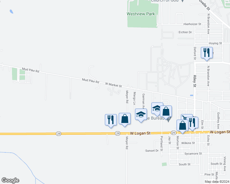 map of restaurants, bars, coffee shops, grocery stores, and more near 1400 West Market Street in Celina