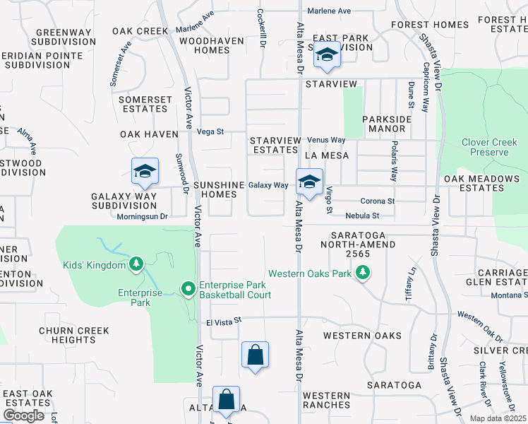 map of restaurants, bars, coffee shops, grocery stores, and more near 2082 Martian Way in Redding