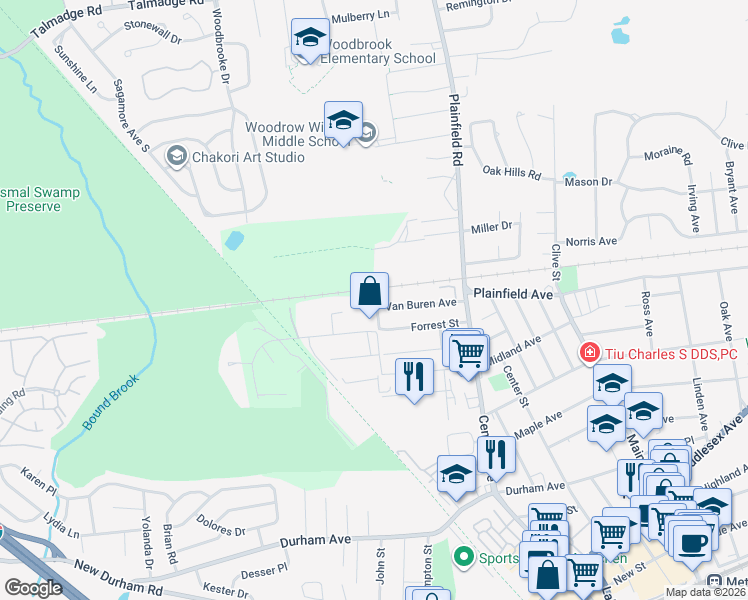 map of restaurants, bars, coffee shops, grocery stores, and more near 82 Van Buren Avenue in Metuchen