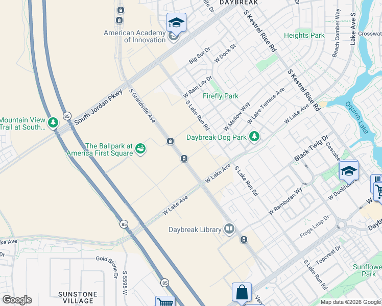 map of restaurants, bars, coffee shops, grocery stores, and more near 5400 Center Field Drive in South Jordan