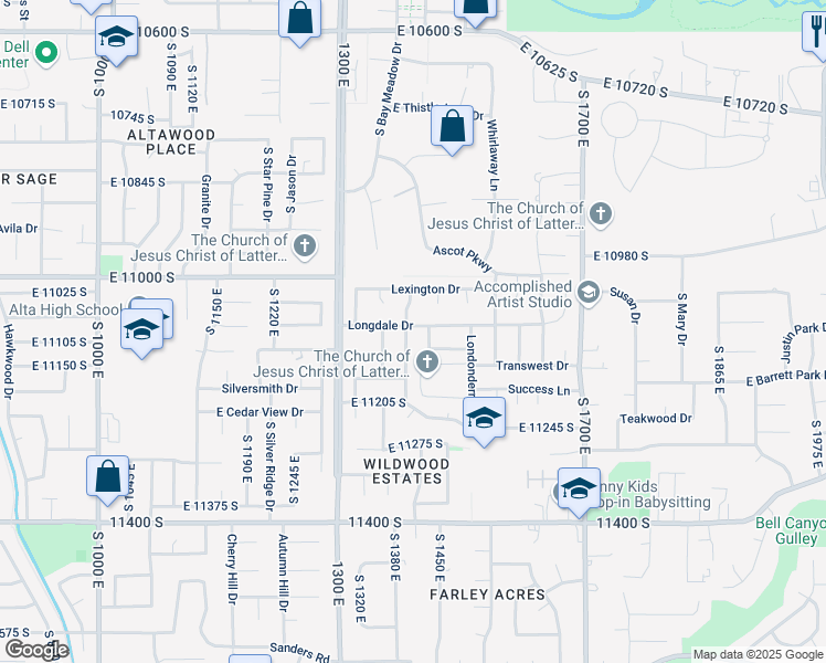 map of restaurants, bars, coffee shops, grocery stores, and more near 1420 Longdale Drive in Sandy