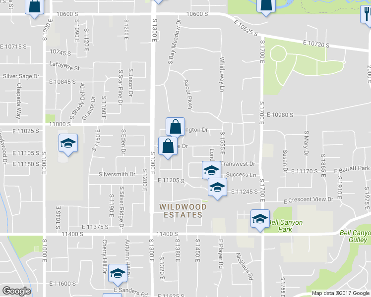 map of restaurants, bars, coffee shops, grocery stores, and more near 1420 Longdale Drive in Sandy