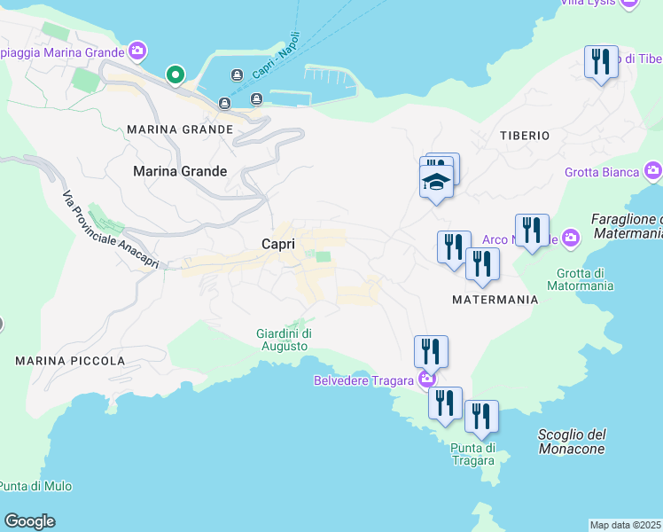 map of restaurants, bars, coffee shops, grocery stores, and more near 43 Via Camerelle in Capri