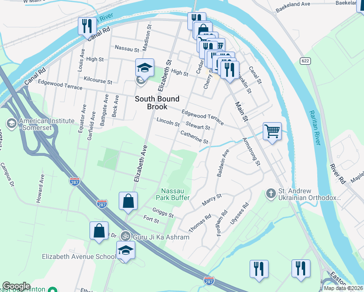 map of restaurants, bars, coffee shops, grocery stores, and more near 81 Remsen Street in South Bound Brook