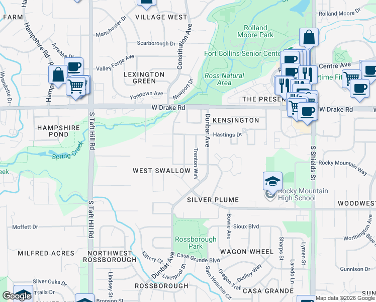 map of restaurants, bars, coffee shops, grocery stores, and more near 2730 Claremont Drive in Fort Collins