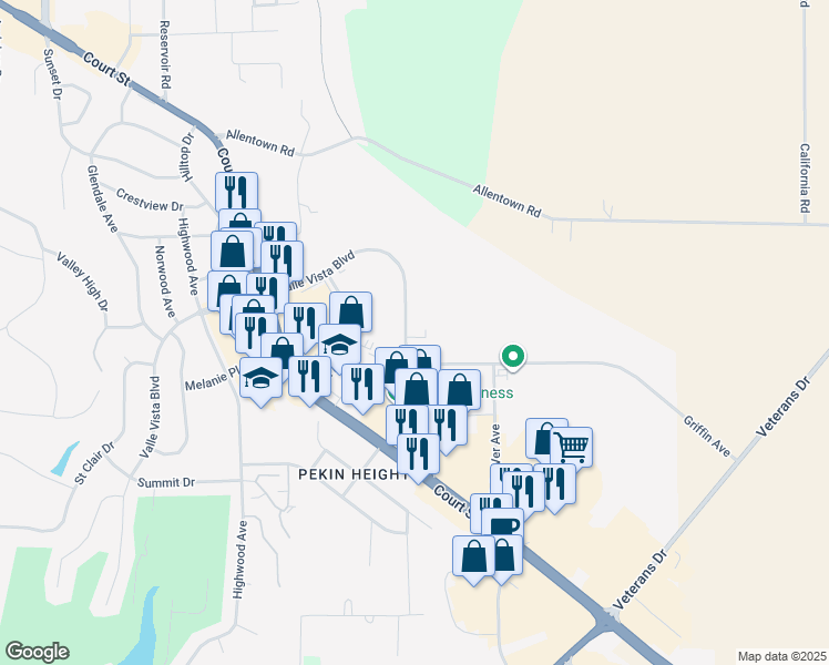 map of restaurants, bars, coffee shops, grocery stores, and more near 1413 Valle Vista Boulevard in Pekin