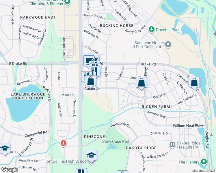 map of restaurants, bars, coffee shops, grocery stores, and more near 2814 Iowa Drive in Fort Collins