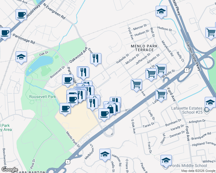 map of restaurants, bars, coffee shops, grocery stores, and more near 32 Judson Street in Edison