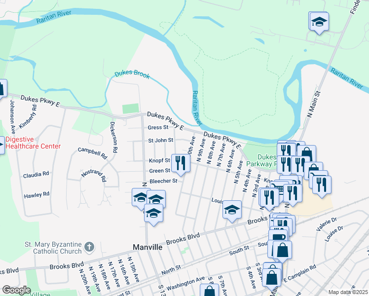 map of restaurants, bars, coffee shops, grocery stores, and more near 1008 June Place in Manville