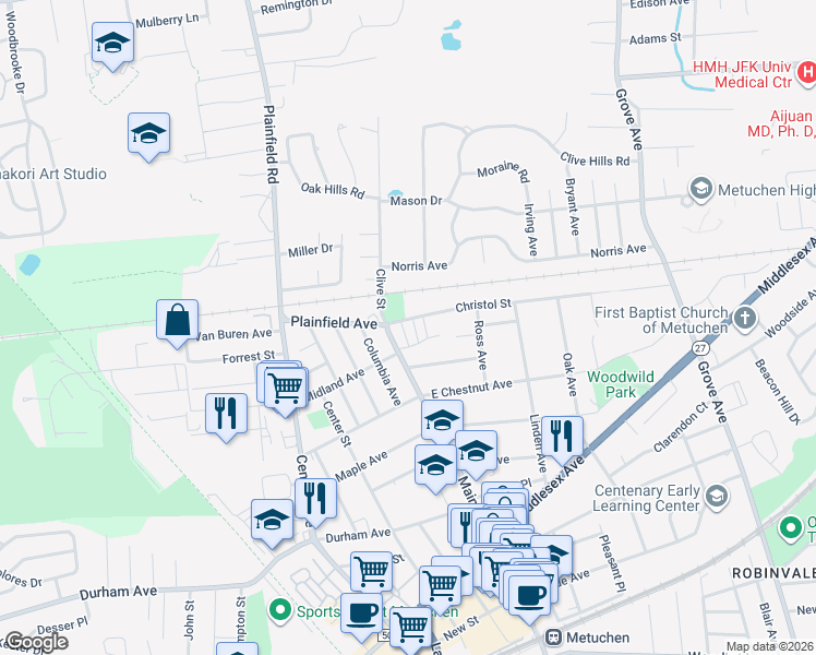 map of restaurants, bars, coffee shops, grocery stores, and more near 24 Victory Court in Metuchen