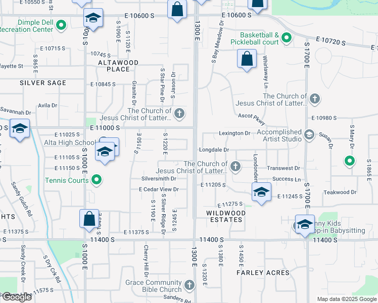 map of restaurants, bars, coffee shops, grocery stores, and more near 11081 South 1280 East in Sandy