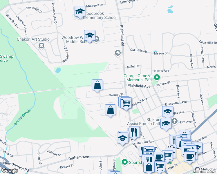 map of restaurants, bars, coffee shops, grocery stores, and more near 57 Van Buren Avenue in Metuchen