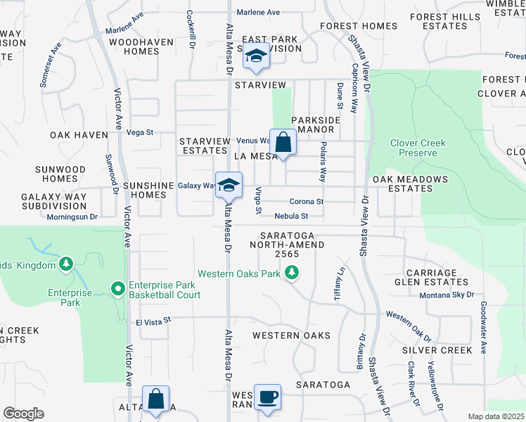 map of restaurants, bars, coffee shops, grocery stores, and more near 2261 Nebula Street in Redding