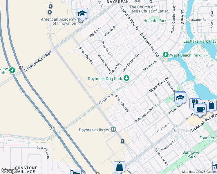 map of restaurants, bars, coffee shops, grocery stores, and more near 11082 South Lake Run Road in South Jordan