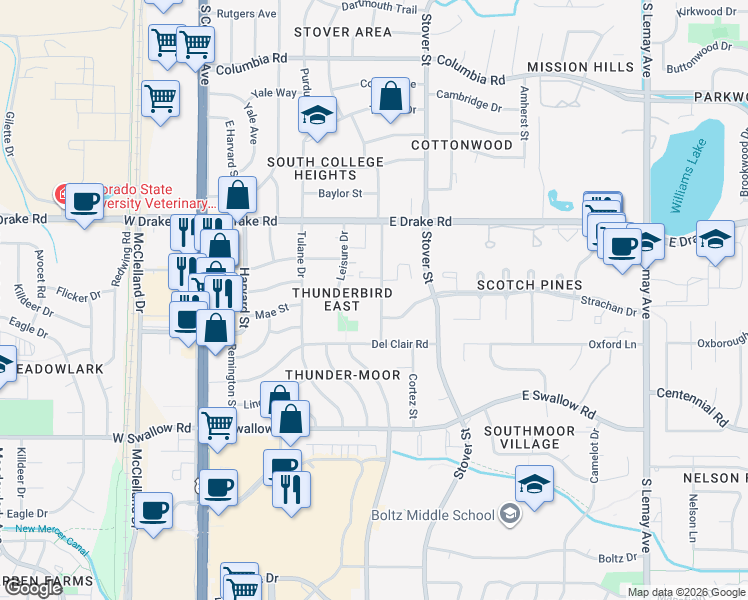 map of restaurants, bars, coffee shops, grocery stores, and more near 502 Strachan Drive in Fort Collins