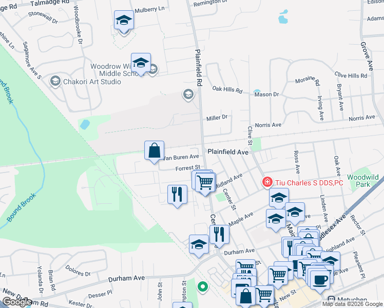 map of restaurants, bars, coffee shops, grocery stores, and more near 19 Van Buren Avenue in Metuchen