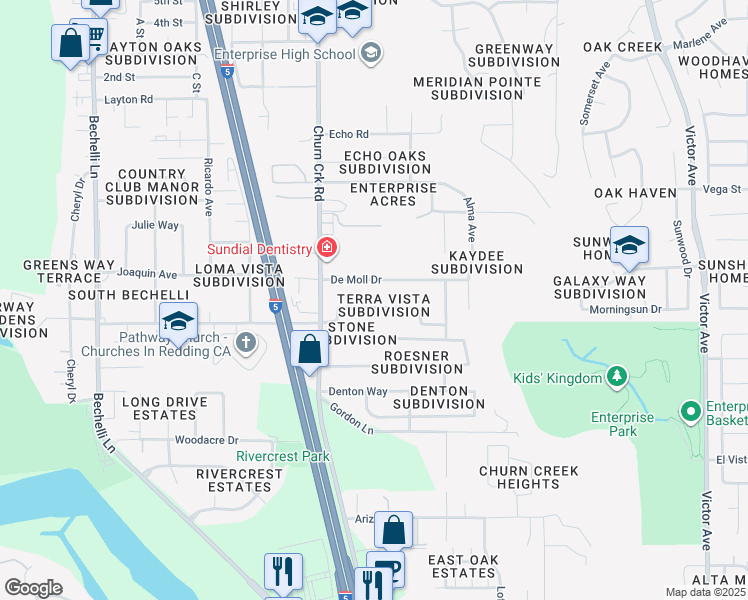 map of restaurants, bars, coffee shops, grocery stores, and more near 1040 Monterra Lane in Redding