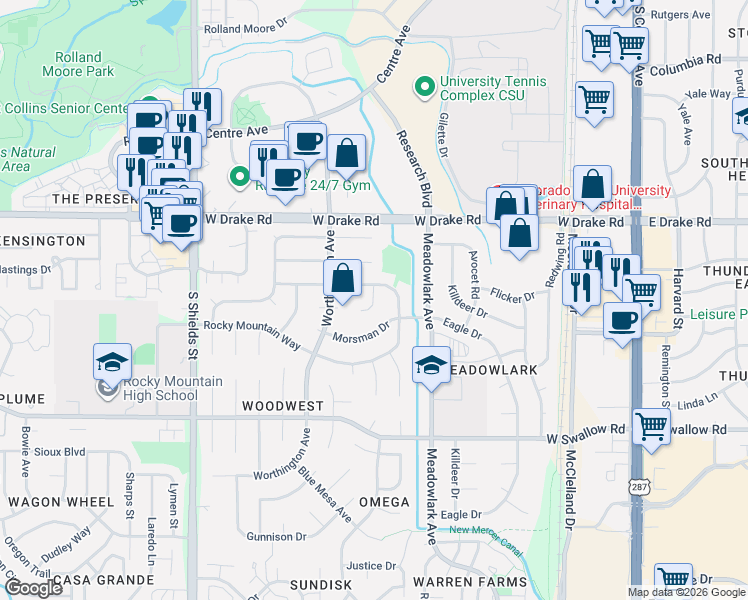 map of restaurants, bars, coffee shops, grocery stores, and more near Stagecoach Court in Fort Collins
