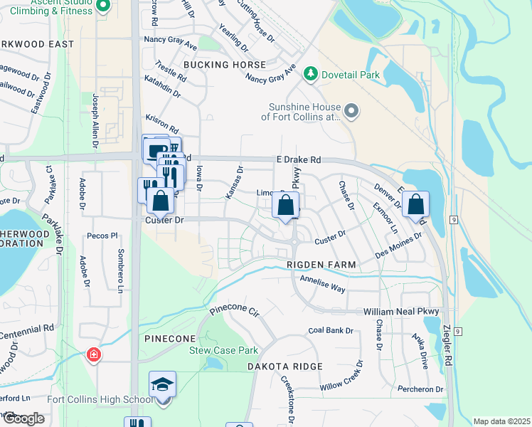 map of restaurants, bars, coffee shops, grocery stores, and more near 13 Willow Tree Lane in Fort Collins