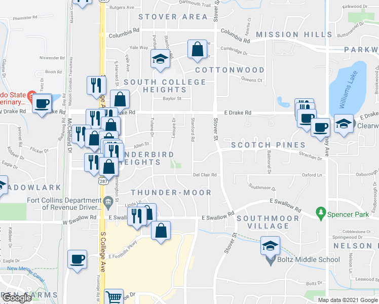 map of restaurants, bars, coffee shops, grocery stores, and more near 502 Strachan Drive in Fort Collins