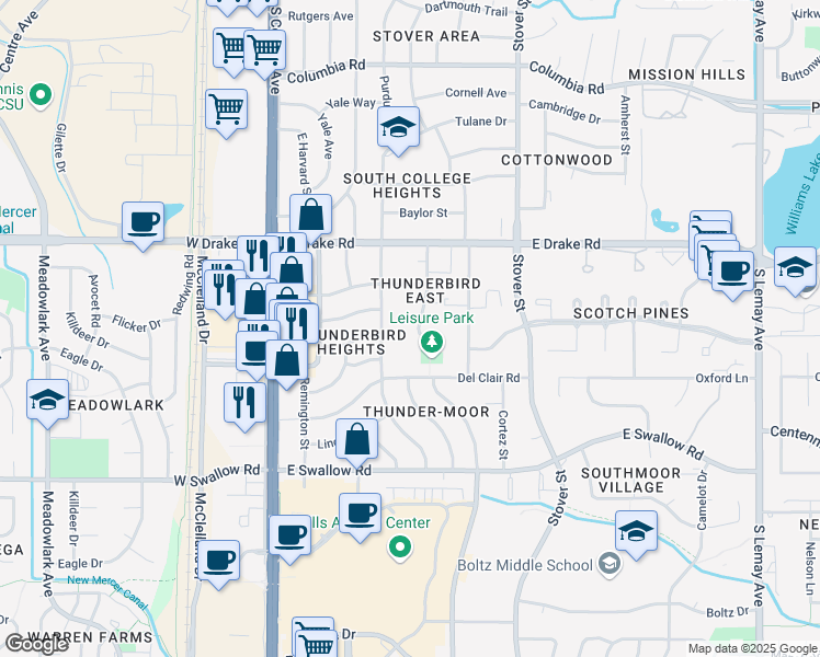 map of restaurants, bars, coffee shops, grocery stores, and more near 2749 Leisure Drive in Fort Collins