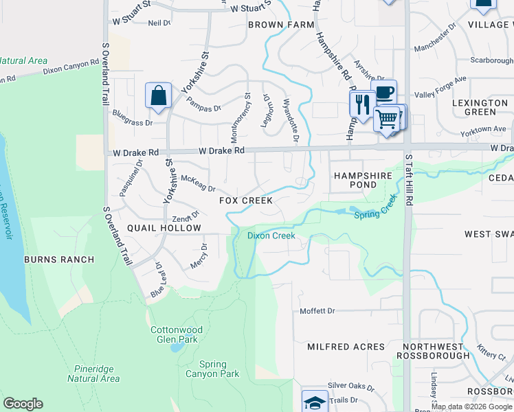 map of restaurants, bars, coffee shops, grocery stores, and more near 2533 Tucker Court in Fort Collins