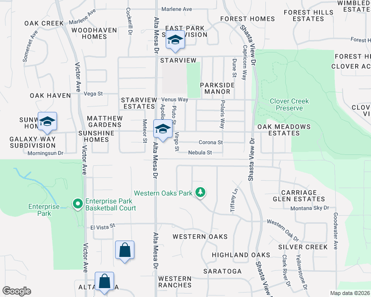 map of restaurants, bars, coffee shops, grocery stores, and more near 2261 Nebula Street in Redding