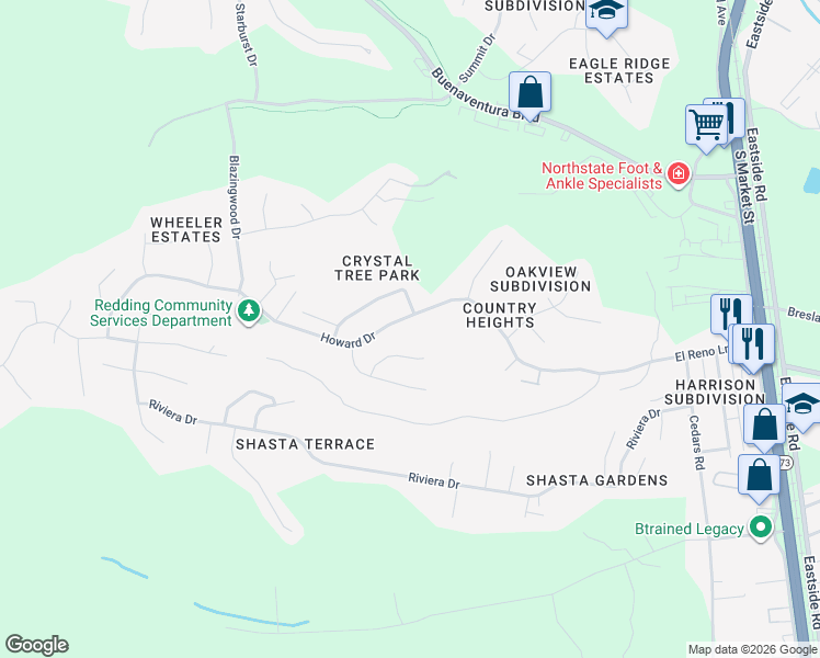 map of restaurants, bars, coffee shops, grocery stores, and more near 2773 Summerbreeze Place in Redding