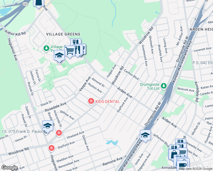 map of restaurants, bars, coffee shops, grocery stores, and more near 651 Woodrow Road in Staten Island