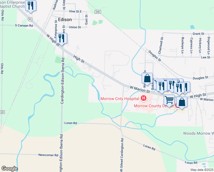 map of restaurants, bars, coffee shops, grocery stores, and more near 771 Orchard Drive in Mount Gilead