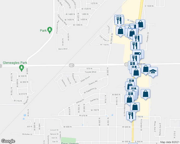 map of restaurants, bars, coffee shops, grocery stores, and more near Tooele Blvd in Tooele