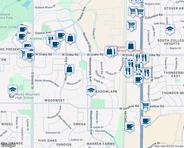 map of restaurants, bars, coffee shops, grocery stores, and more near 2804 Eagle Drive in Fort Collins