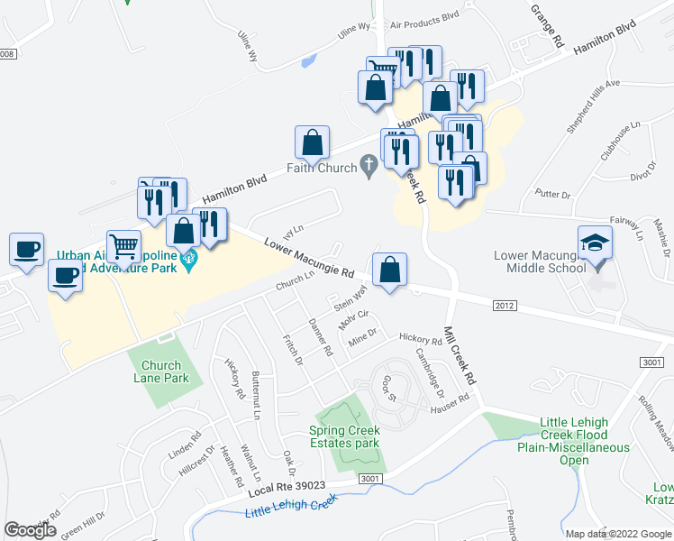 map of restaurants, bars, coffee shops, grocery stores, and more near 6688 Lower Macungie Road in Macungie