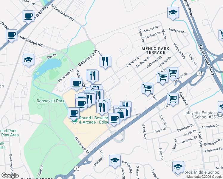 map of restaurants, bars, coffee shops, grocery stores, and more near 170 Evergreen Road in Edison