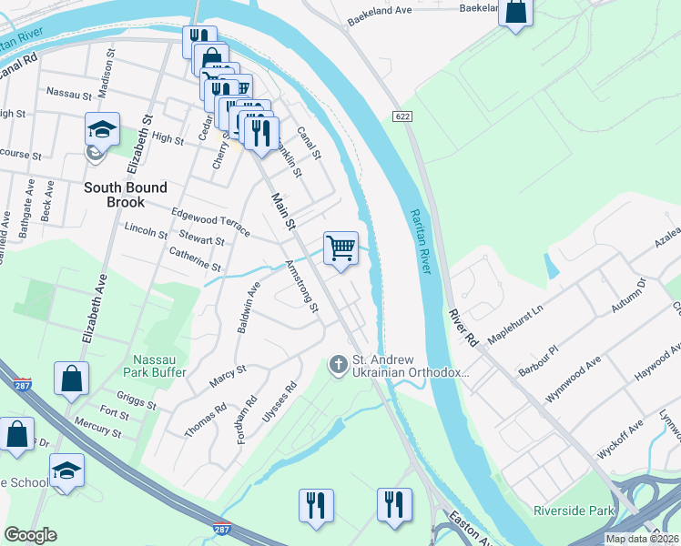 map of restaurants, bars, coffee shops, grocery stores, and more near 35 Barber Boulevard in South Bound Brook