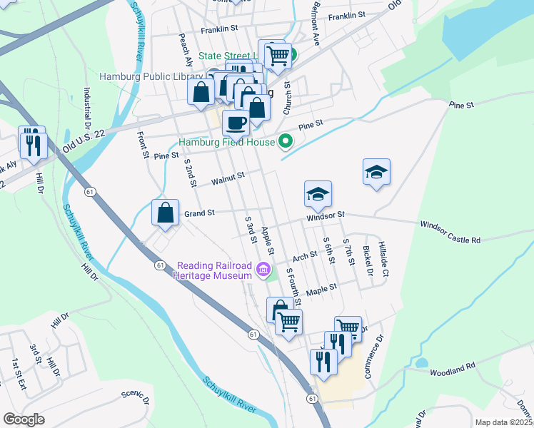 map of restaurants, bars, coffee shops, grocery stores, and more near 306 South 4th Street in Hamburg