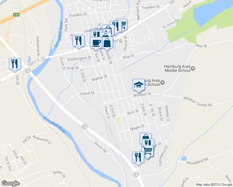 map of restaurants, bars, coffee shops, grocery stores, and more near 306 South 4th Street in Hamburg