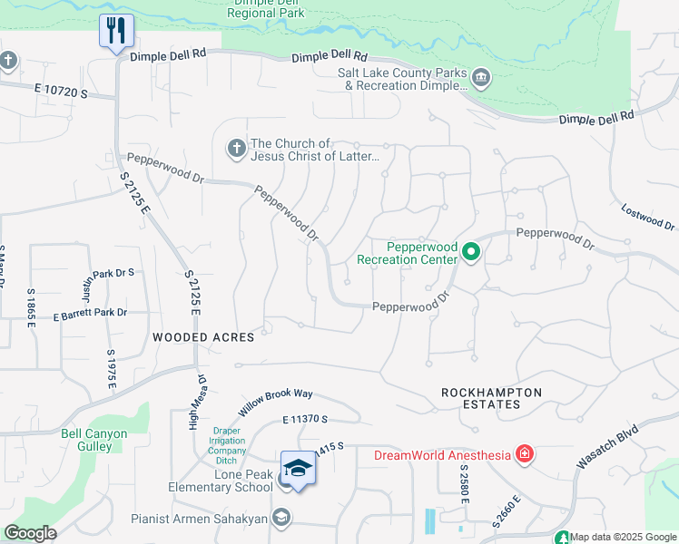 map of restaurants, bars, coffee shops, grocery stores, and more near 1 Wanderwood Way in Sandy