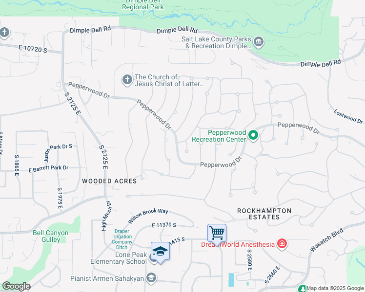 map of restaurants, bars, coffee shops, grocery stores, and more near 1 Wanderwood Way in Sandy
