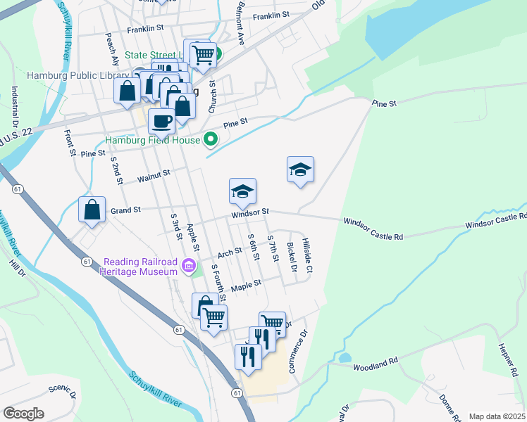 map of restaurants, bars, coffee shops, grocery stores, and more near 701 Windsor Street in Hamburg