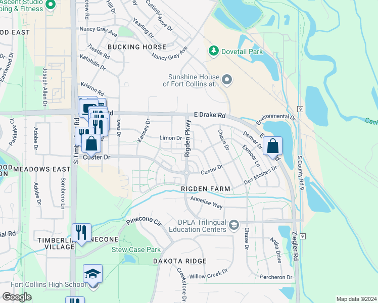 map of restaurants, bars, coffee shops, grocery stores, and more near 2803 Des Moines Drive in Fort Collins