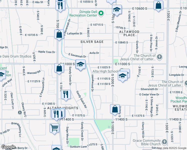 map of restaurants, bars, coffee shops, grocery stores, and more near 11077 Hawkwood Drive in Sandy