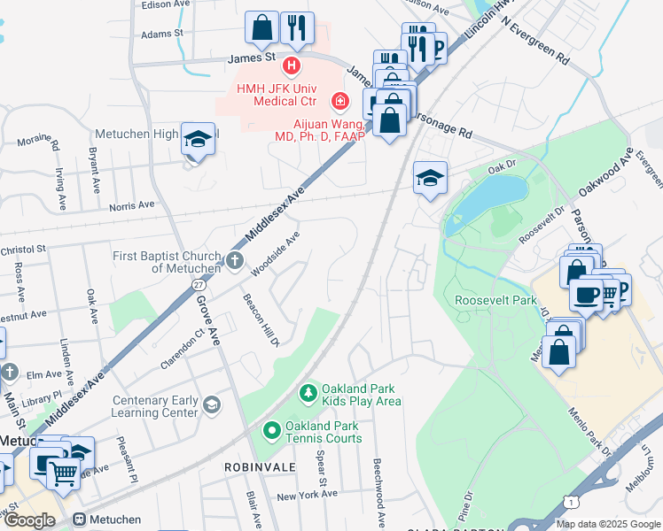 map of restaurants, bars, coffee shops, grocery stores, and more near Wakefield Drive in Metuchen