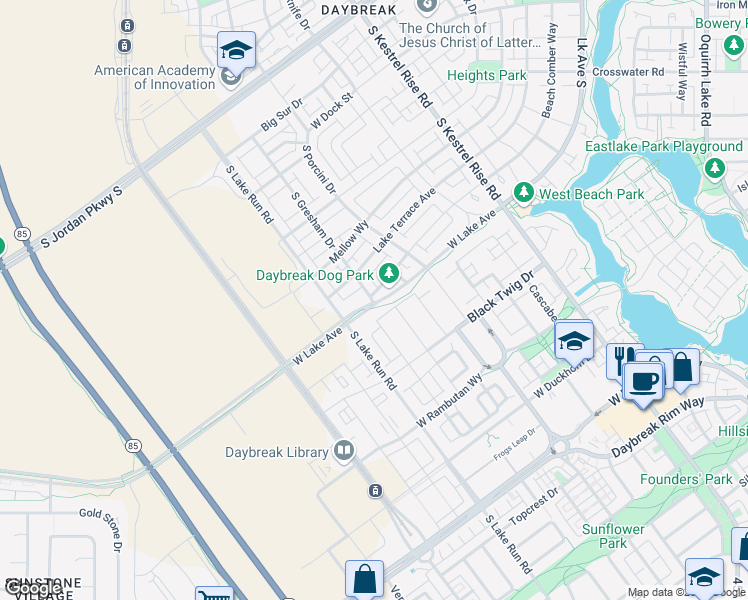 map of restaurants, bars, coffee shops, grocery stores, and more near Silver Mine Road in South Jordan