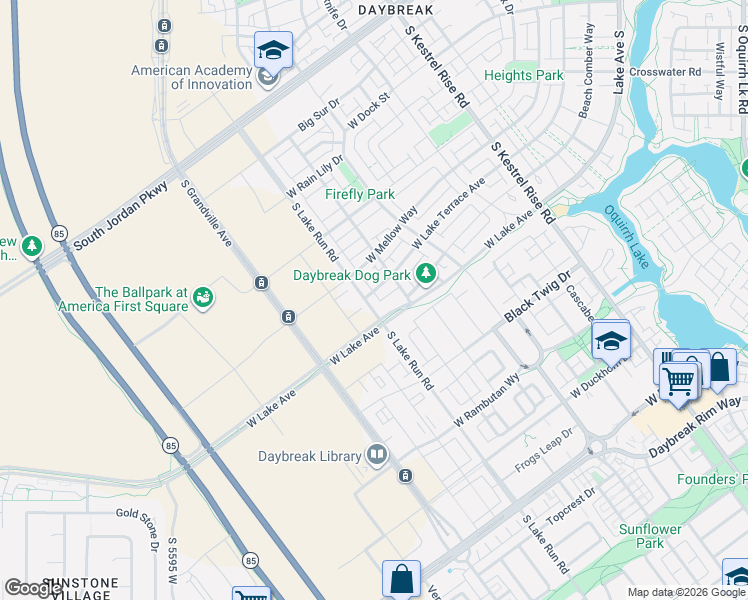 map of restaurants, bars, coffee shops, grocery stores, and more near 11079 South Lake Run Road in South Jordan