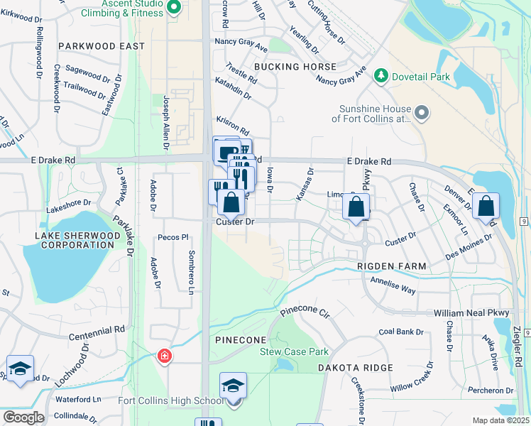 map of restaurants, bars, coffee shops, grocery stores, and more near 2815 Iowa Drive in Fort Collins