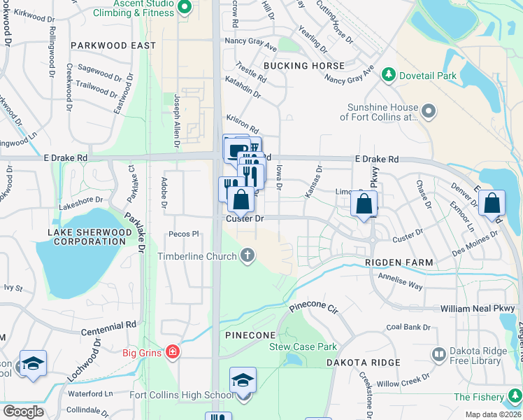 map of restaurants, bars, coffee shops, grocery stores, and more near 2815 Iowa Drive in Fort Collins
