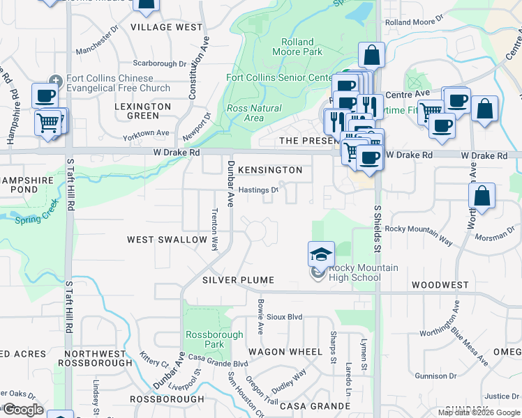map of restaurants, bars, coffee shops, grocery stores, and more near 2828 Silverplume Drive in Fort Collins