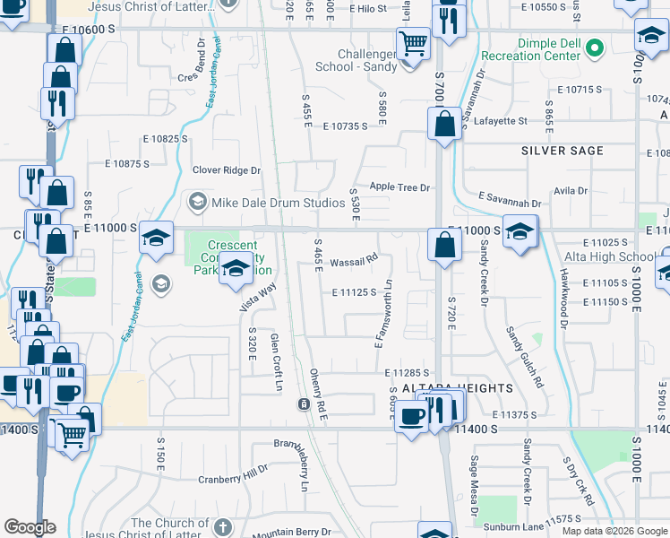 map of restaurants, bars, coffee shops, grocery stores, and more near 11113 South 465 East in Sandy